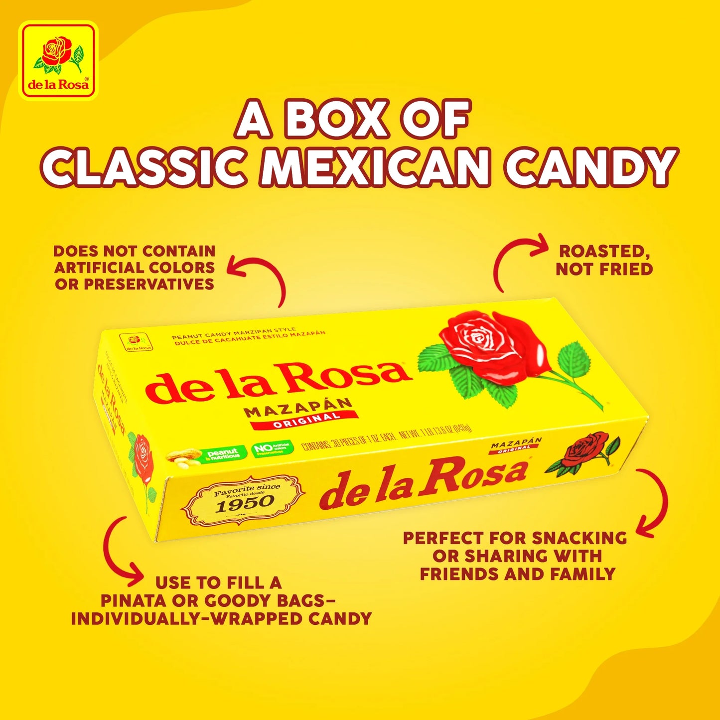 De La Rosa Mazapan Style Mexican Peanut Candy for Snacking and Sharing, 30 Count
