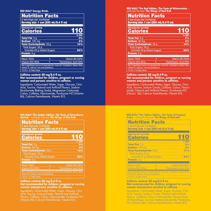 Red Bull Energy Drink Variety Pack, Red, Yellow & Amber, with 80mg Caffeine plus Taurine & B Vitamins, 8.4 Fl Oz, Pack of 12 Cans