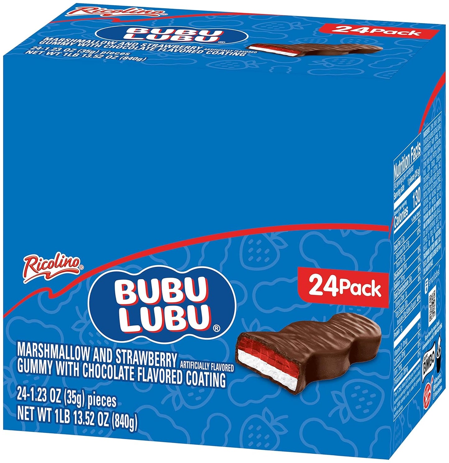 Ricolino Bubulubu Marshmallow with Strawberry Artificially Flavored Gummy with Chocolate Flavored Coating Bar, 1 Pound 13.52 Ounces, 24 Count Box