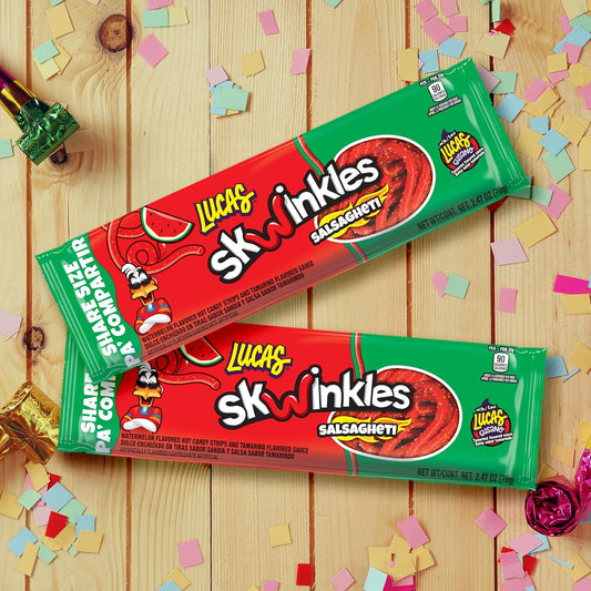 Lucas Salsagheti Watermelon Flavored Sweet & Hot Candy Strips and Tamarind Flavored Sauce, King Size 2.4 oz - 6 Pieces Pack for Treats, Snack, Parties, Piñatas