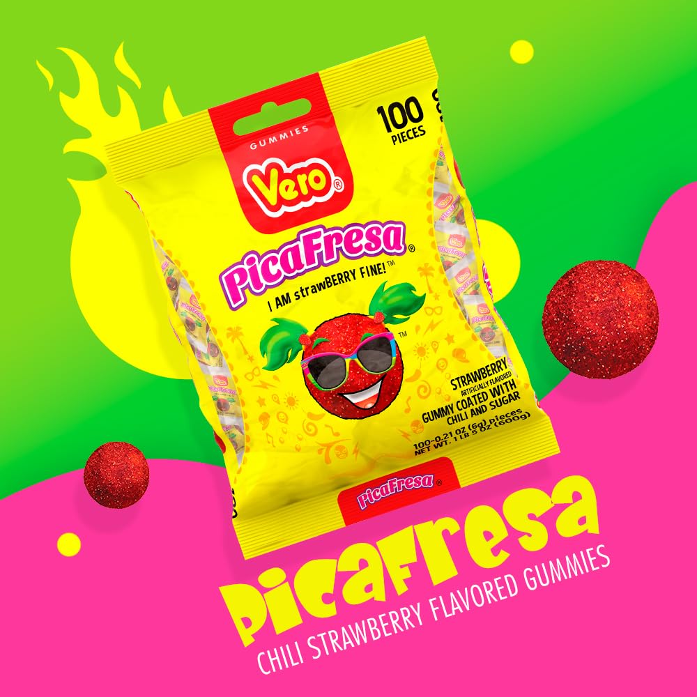 Vero Picafresa - Strawberry Flavored Chewy Gummy Candy Treats - 100 Piece (Pack of 4) - (1 Lb, 5.15 Ounces Each) - Individually Wrapped Mexican Candy Perfect for Piñatas, Halloween, and More