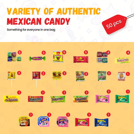 Bulk Mexican Candy Mix – Dulces Mexicanos Surtidos, Mexican Candy Variety Pack (50 Count) with Vero Lollipops, Lucas, Pulparindo Tamarindo, Mazapan, Spicy Snacks & a lot more.