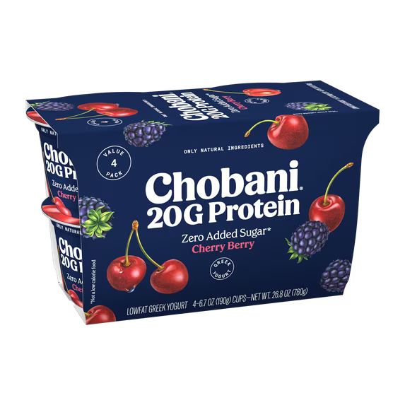 Chobani 20G Protein Low-Fat Greek Yogurt Cherry Berry 6.7oz 4 Pack