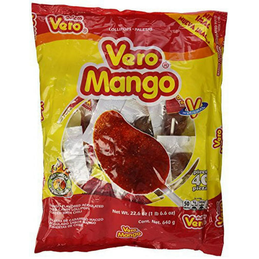 Vero Mango Flavored Lollipops Covered in Chili Powder 40 Count Bag (Pack of 2 - Net Wt. 22.4 Ounces Each) - Individually Wrapped Mexican Candy for PiÃ±atas, Halloween, and More