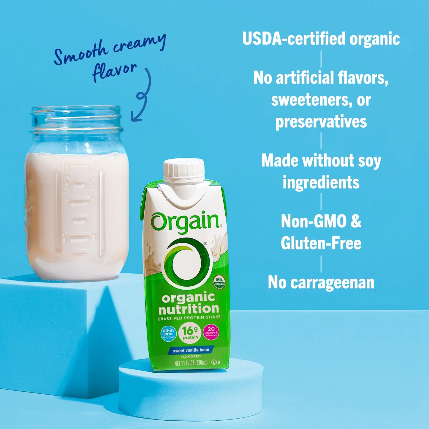 Orgain Organic Nutritional 16g Grass Fed Protein Shake Drink, Vanilla Bean 11oz, 4ct