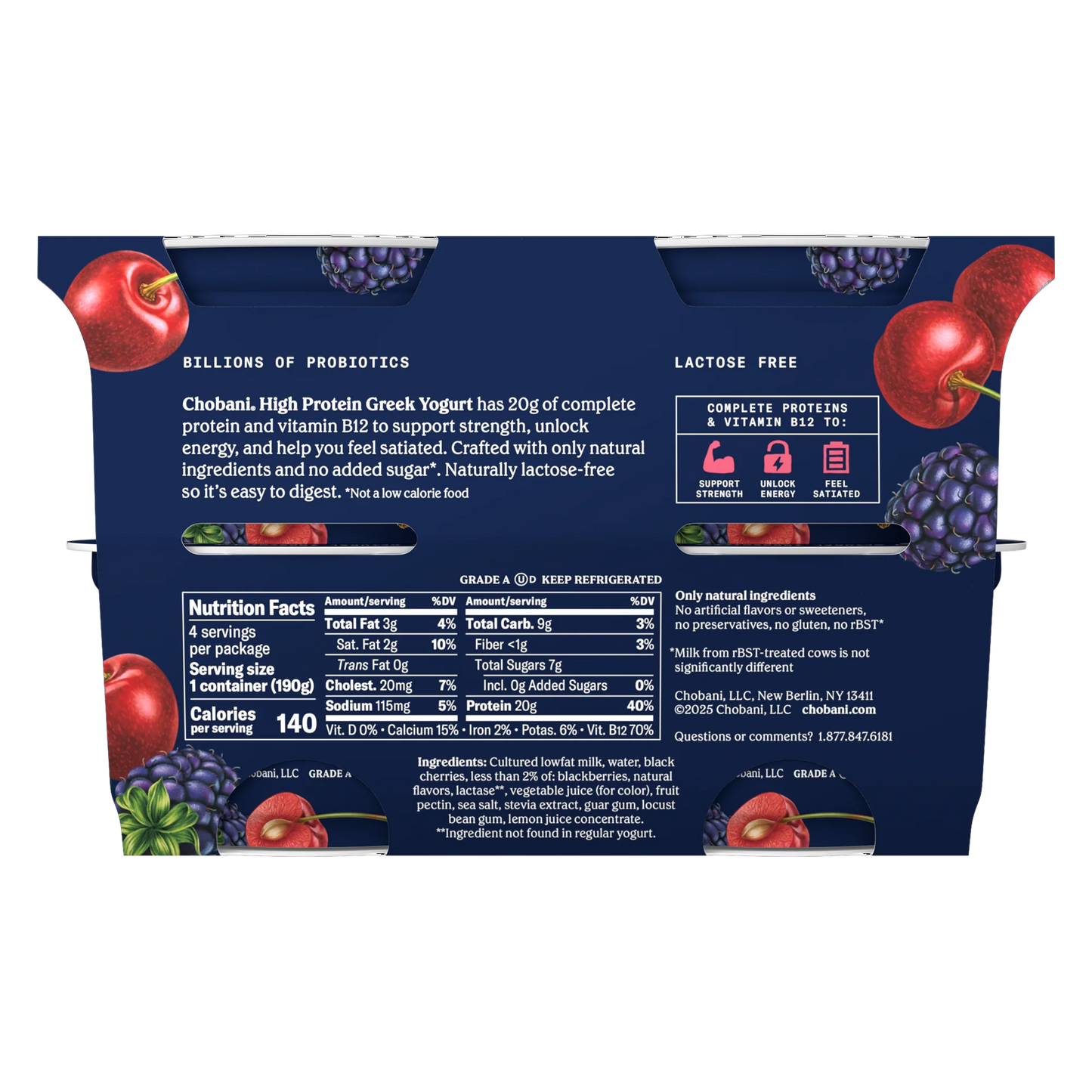 Chobani 20G Protein Low-Fat Greek Yogurt Cherry Berry 6.7oz 4 Pack