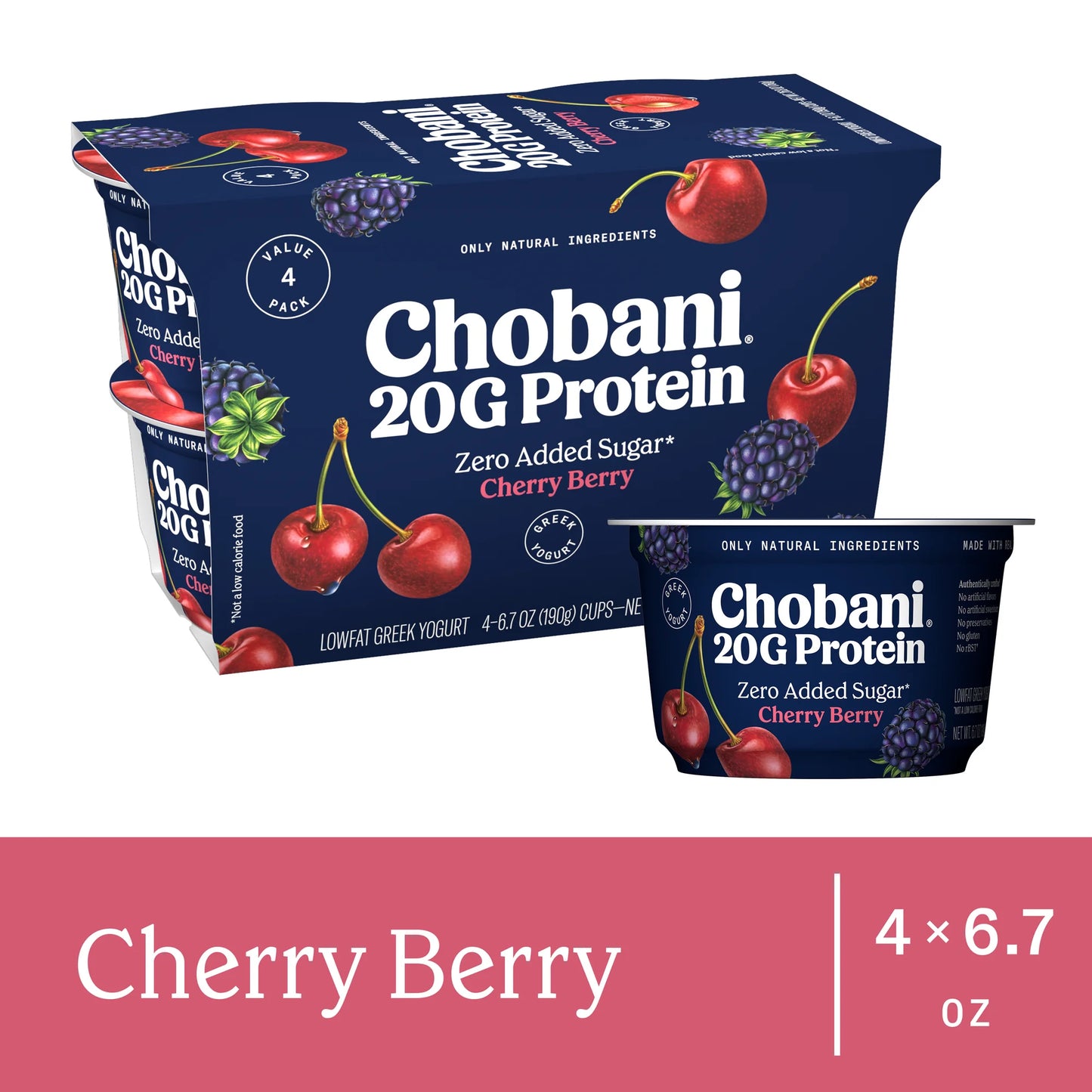 Chobani 20G Protein Low-Fat Greek Yogurt Cherry Berry 6.7oz 4 Pack